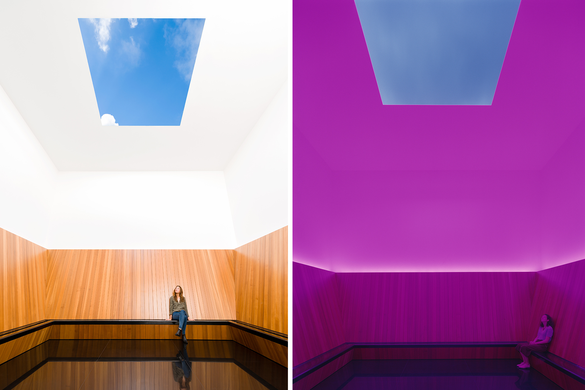 Vrouw zit in Skyspace van James Turrell