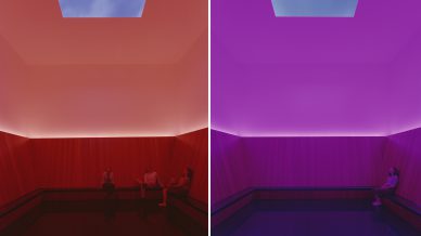 Foto's van een Twilight Experience in het werk Skyspace van James Turrell in museum Voorlinden